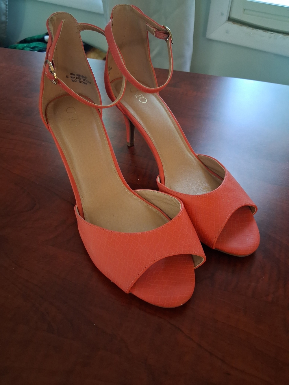 Cato Coral Orange Peep-Toe Ankle-Strap Heels